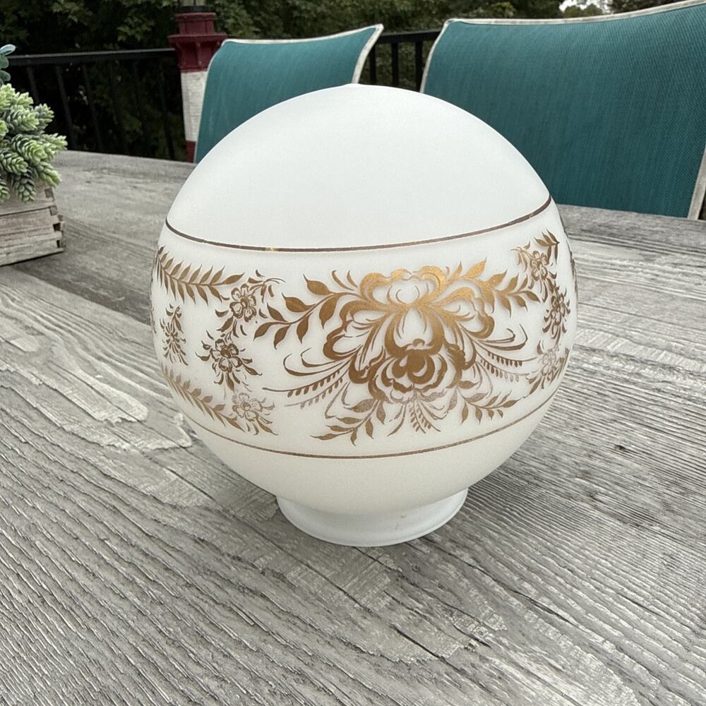 Vintage Milk Glass Ceiling Light Globe with Gold Floral Design France